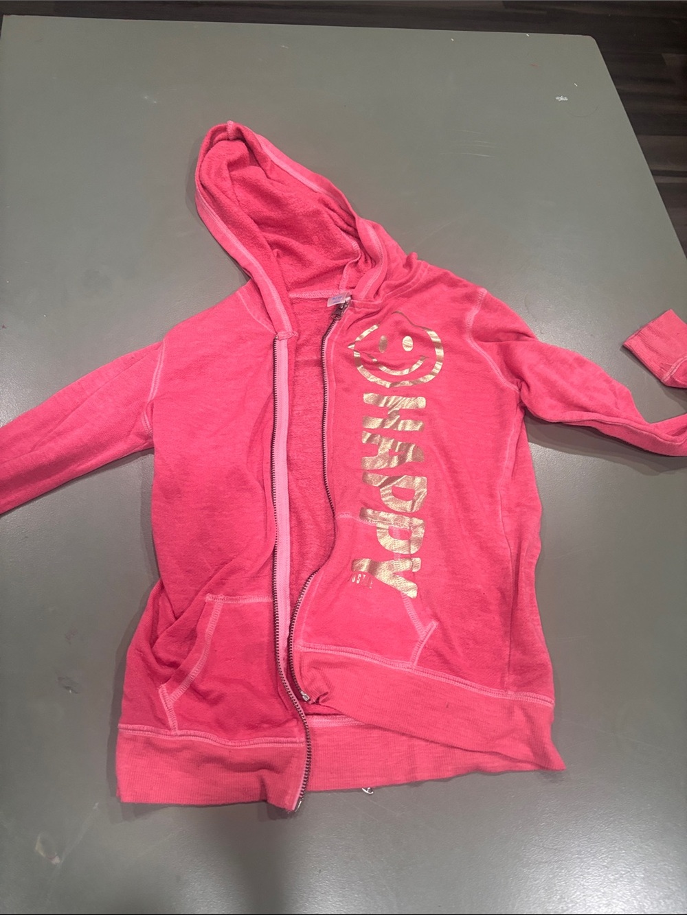 Justice Pink Hooded Zip-Up Sweatshirt with Gold 'Happy' Foil